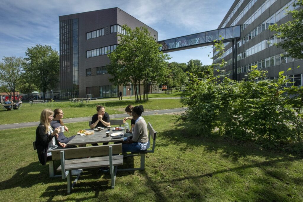 Studerende spiser frokost foran en universitetsbygning der ligger i Innovation District Copenhagen - Foto af Mikal Schlosser
