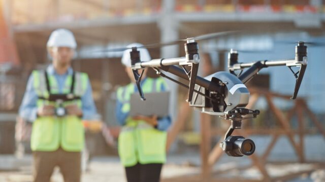drone_challenge To mænd i gule veste styrer en drone med kamera.